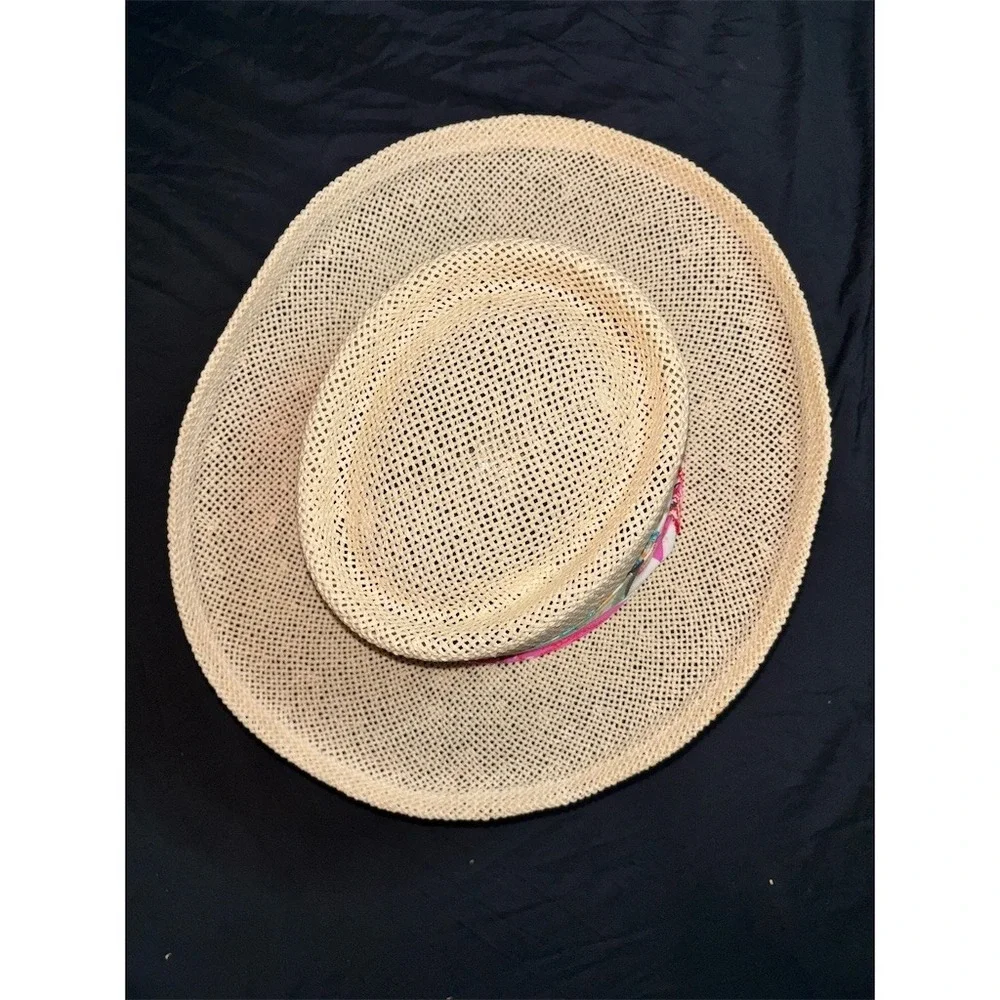 Town Talk Vintage Wide Brim Sun Hat Womens L Beige Straw Floral Band USA classic